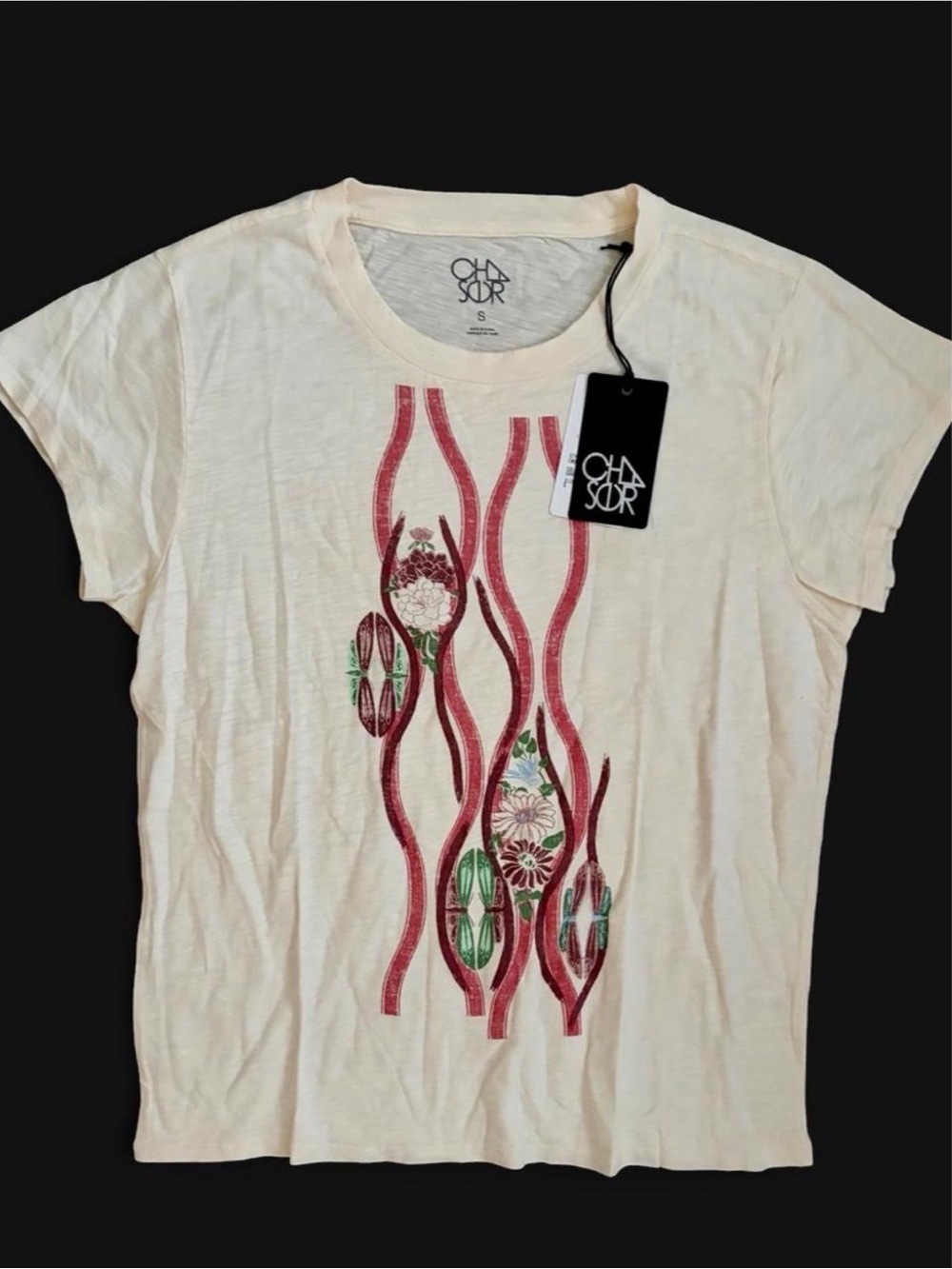 Chaser Cream Graphic Short-Sleeve Tee with Pink Floral Accents BNWT